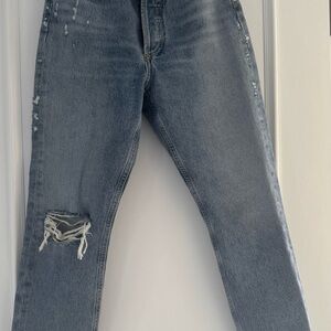 Agolde Riley High Rise Straight Crop jeans in a light wash with distressing